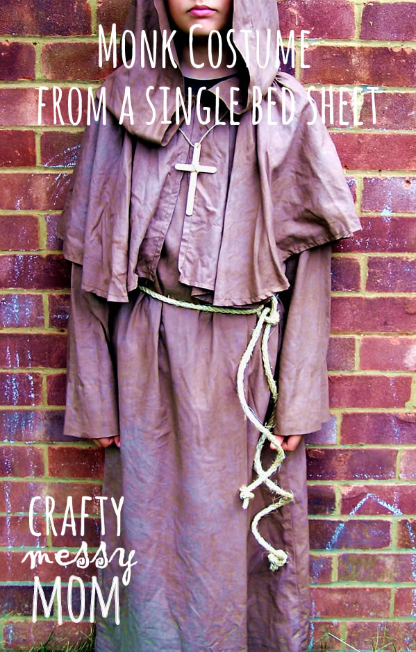 Monk costume from a single bed sheet at craftymessymom.com