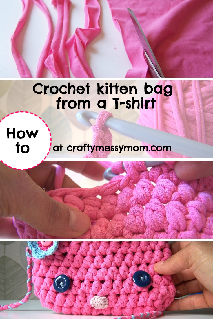 Crochet kitten bag from t-shirt | craftymessymom.com