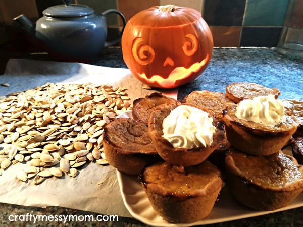 Pumpkin carving, seeds and tartlets at craftymessymom.com