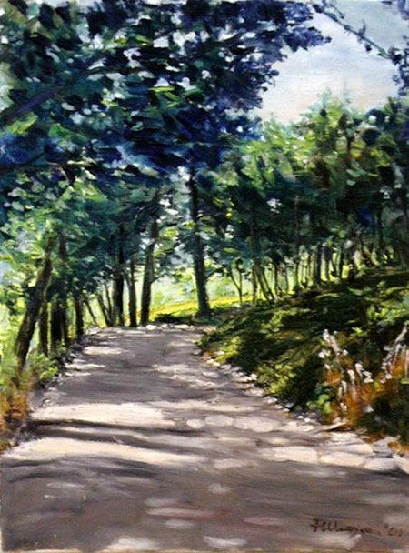 Light and shadow in the forest path, painting by @marzia_fa at craftymessymom.com