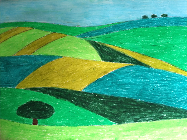 "Geometric countriside" drawing with oil pastels at craftymessymom.com