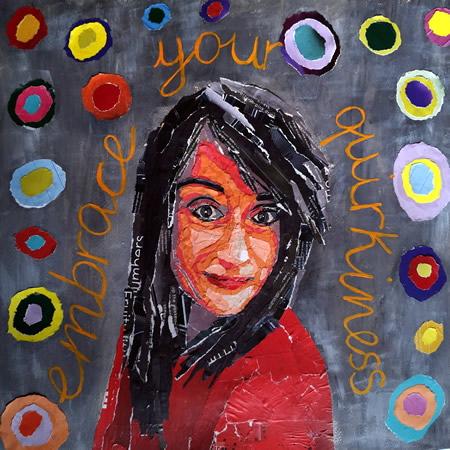 Torn paper collage portrait of a woman with text "Embrace your quirkiness" by @marzia_fa