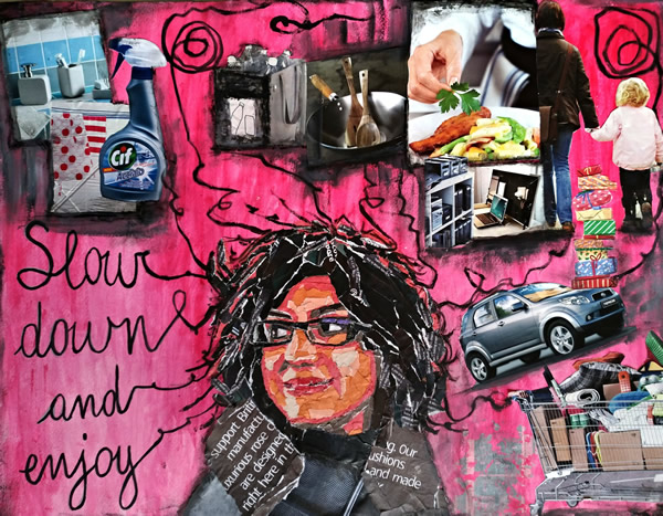 Torn paper collage portrait of a woman with the text "Slow down and enjoy" by @marzia_fa