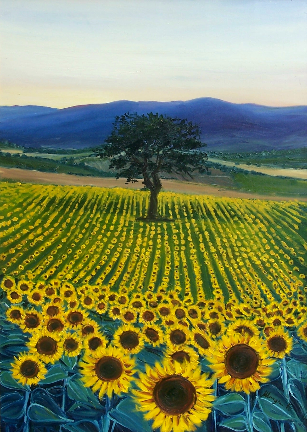 Sunflower field with tree at dusk, painting by @marzia_fa at craftymessymom.com