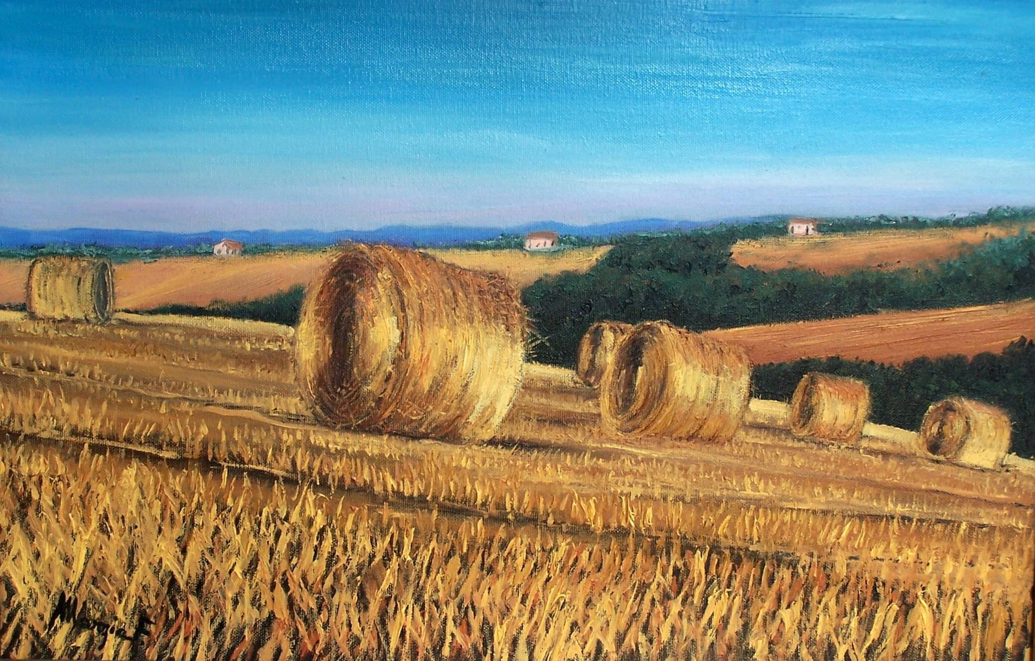 Countryside with hay bales, painting by @marzia_fa at craftymessymom.com
