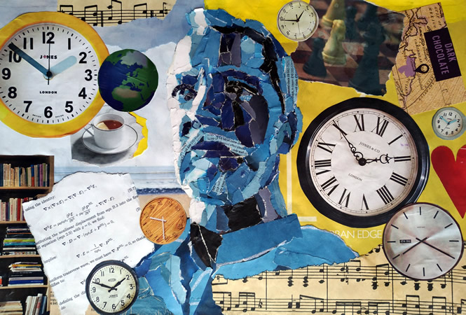 Torn paper collage portrait of a man with clocks by @marzia_fa