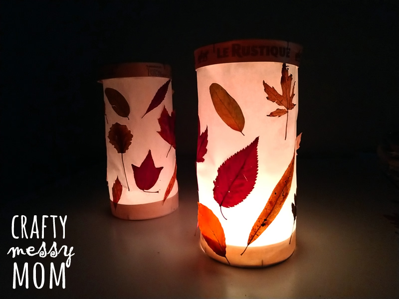 Autumn leaf lanterns at craftymessymom.com