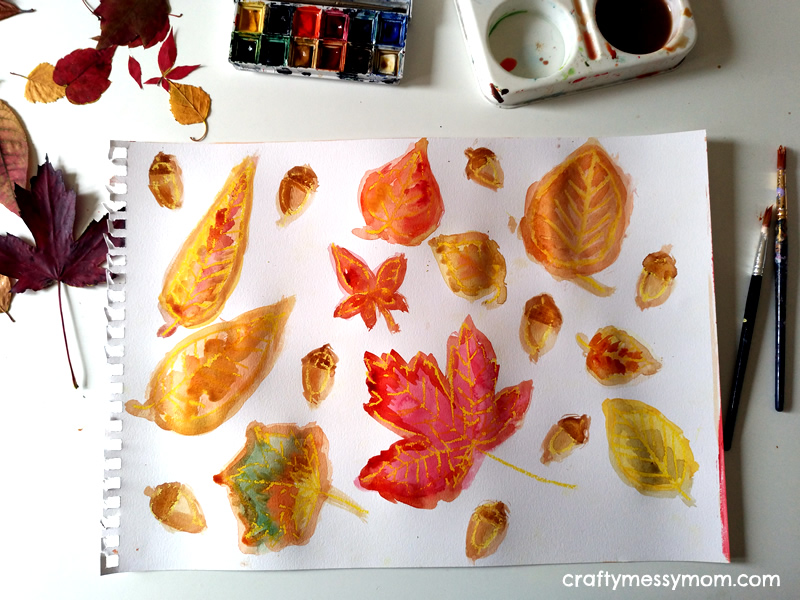 Watercolour-resist art Autumn leaves at craftymessymom.com