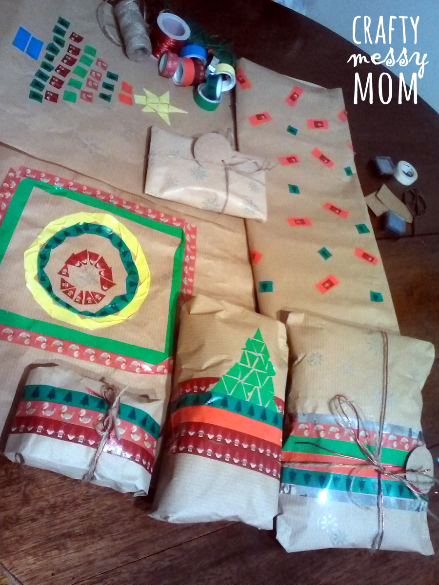 Christmas crafts - diy wrapping paper with washi tape at craftymessymom.com