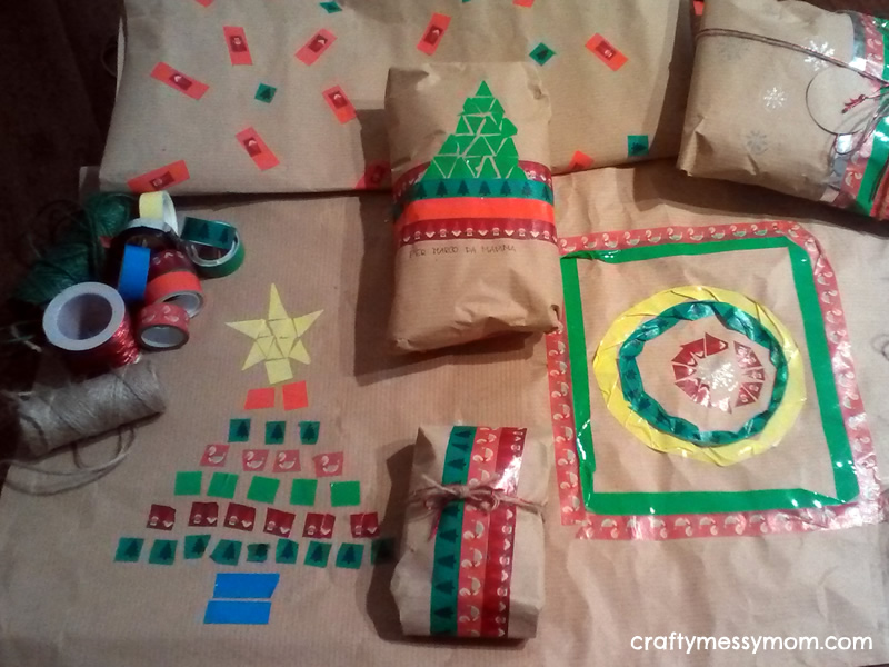 Christmas crafts - diy wrapping paper with washi tape at craftymessymom.com