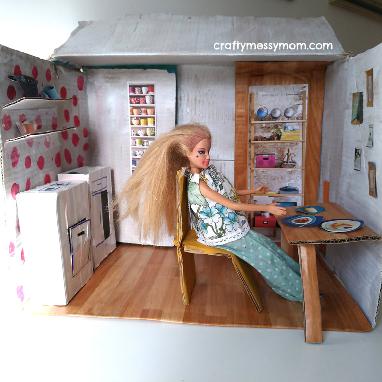 Cardboard convertible studio flat for Barbie - day modeat craftymessymom.com