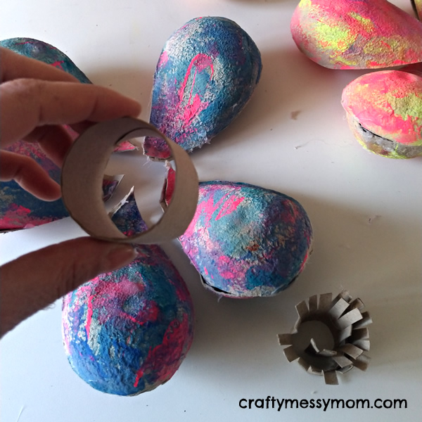 Pear carton flowers - assembling petals by craftymessymom